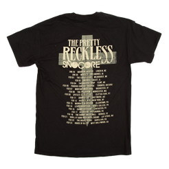 Black t-shirt with 'The Pretty Reckless' tour dates printed on the back against a white background