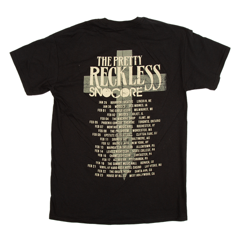 Black t-shirt with 'The Pretty Reckless' tour dates printed on the back against a white background
