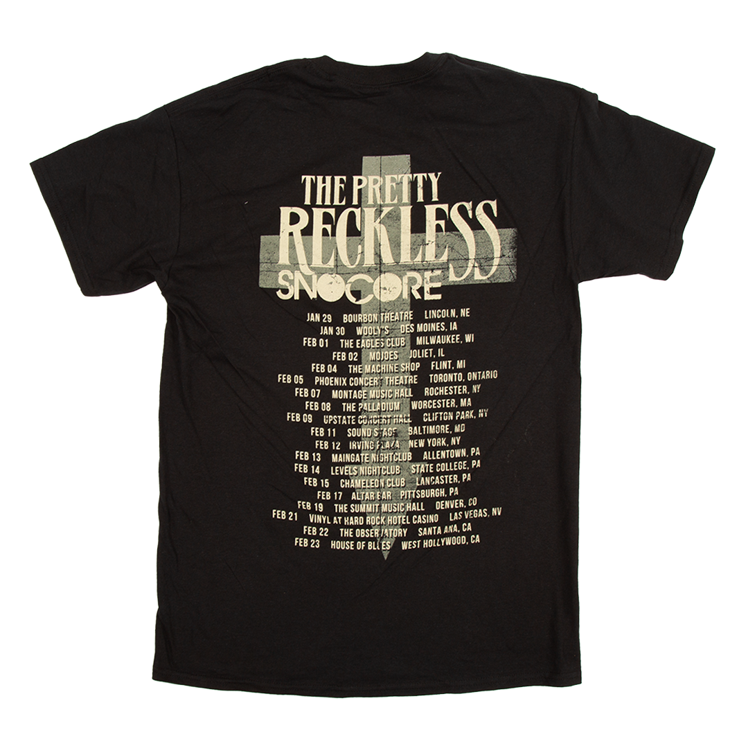 Black t-shirt with 'The Pretty Reckless' tour dates printed on the back against a white background