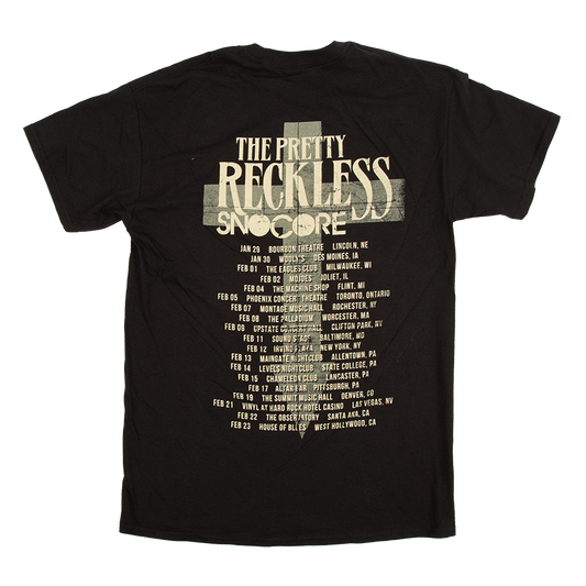 Black t-shirt with 'The Pretty Reckless' tour dates printed on the back against a white background